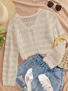 Women's Beach Cover Up Cover Up - Hollow Out Knitted Top With Bow Tie, V-Neck Loose Drop Shoulder Design, Crochet Bikini Crop Top, Tie Front Flare Sleeve Knit Shawl, Ruffle Hem Oversized Knitted Cover Up, Spring/Summer/Autumn,Women's Solid Color Hollow Front Tie Thin Knit Cardigan, Suitable For Vacation, - 米色 - 查看 5