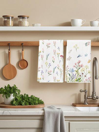 2 Stücke Aquarell Blumen Gelbe Gänseblümchen Bauernhaus Küchentücher Schmetterling Frühling/Sommer Land Farm Dekoration Geschirrtücher Feiertagsparty Zubehör Taschentücher geeignet für Küche, Esszimmer und Esstisch