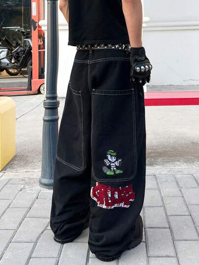 1pc American Street Style Embroidered Pocket Wide Leg Jeans, Loose Comfortable Fashion Casual Jeans For Men (Belt And Accessories Not Included)