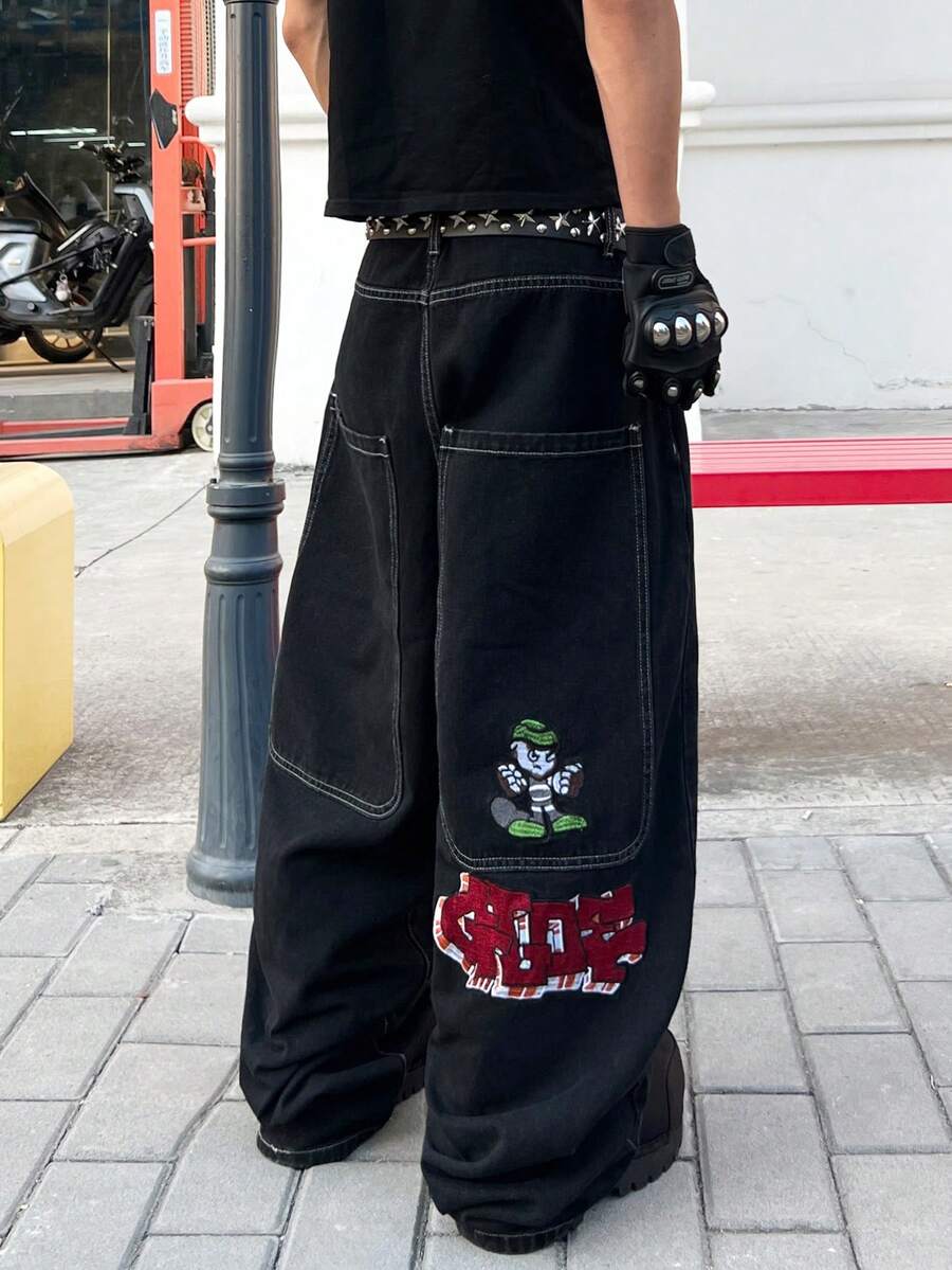 Infinite Jeans 1pc American Street Style Embroidered Large Pocket Men's Wide Leg Pants Loose Comfortable Fashion Shopping All Season Denim Jeans (Product Does Not Include Belt And Accessories) - Black - View 1