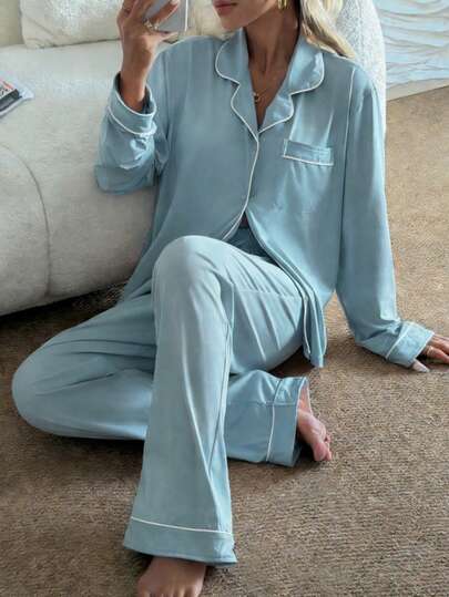 Nina Bonheur 2pcs Women Notched Collar Long Sleeve Pajama Set - Comfortable Casual Sleepwear & Loungewear