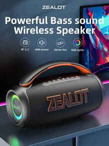 ZEALOT P12 60W 大功率无线音箱，便携式户外低音炮，IPX5 防水，双扬声器，RGB 灯光，支持 SD 卡/USB/AUX 输入，双扬声器菊花链连接，免提通话，兼容智能手机/平板电脑/电视/电脑，适用于户外派对、家庭聚会、海滩派对等场合。 - 均碼 - 查看 3