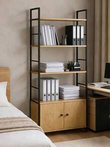 Estante de Madera y Hierro Nórdico con Armario ,Organizador de Libros y Decoración para Dormitorio,La elección perfecta para renovar tus muebles en 2026 - Marrón - Ver 7