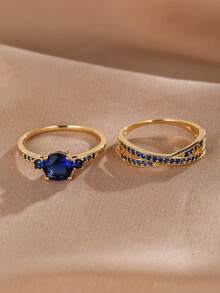 2pcs Women's Versatile Zirconia Stone Rings, Minimalist For Daily Wear - Gold-blue - View 2