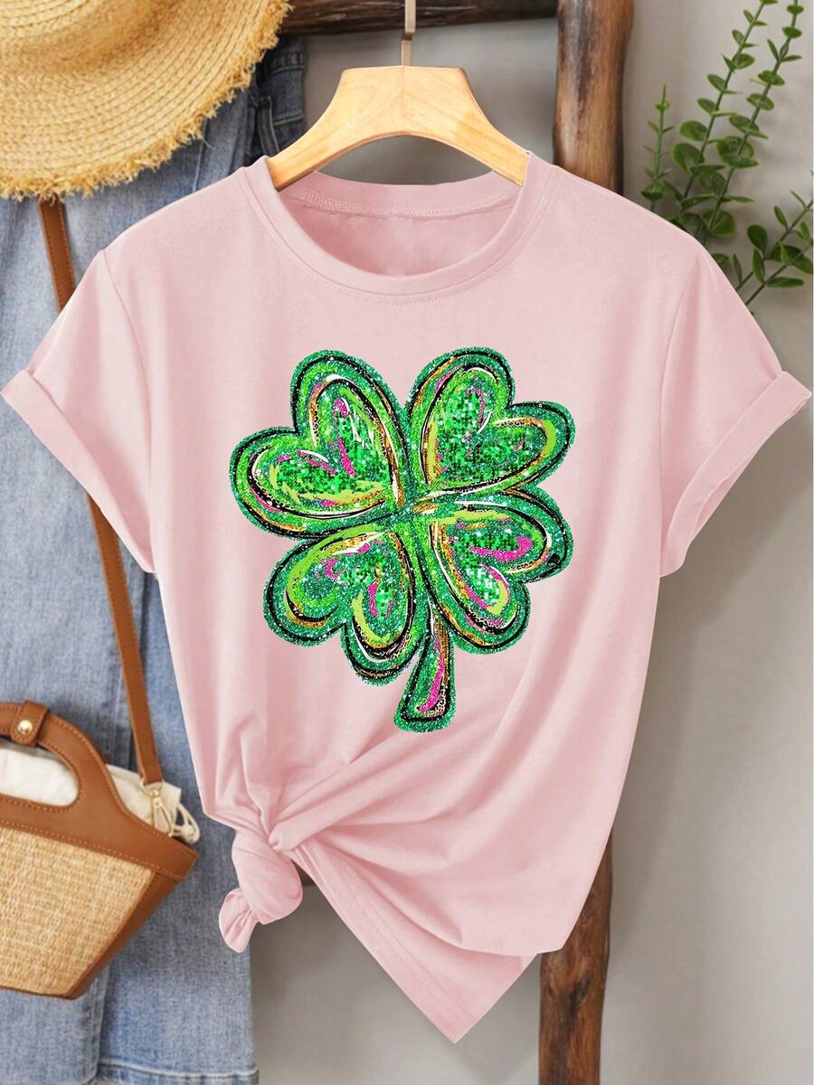 (St. Patrick's Day) Green Pink Black Glitter Texture Design Four-Leaf Clover Pattern Print Fashion Elegant Women's Spring Summer Autumn Casual Sports Style Top Soft Comfortable Round Neck Short Sleeve T-Shirt Available In S-XXL - 粉紅色 - 查看 1