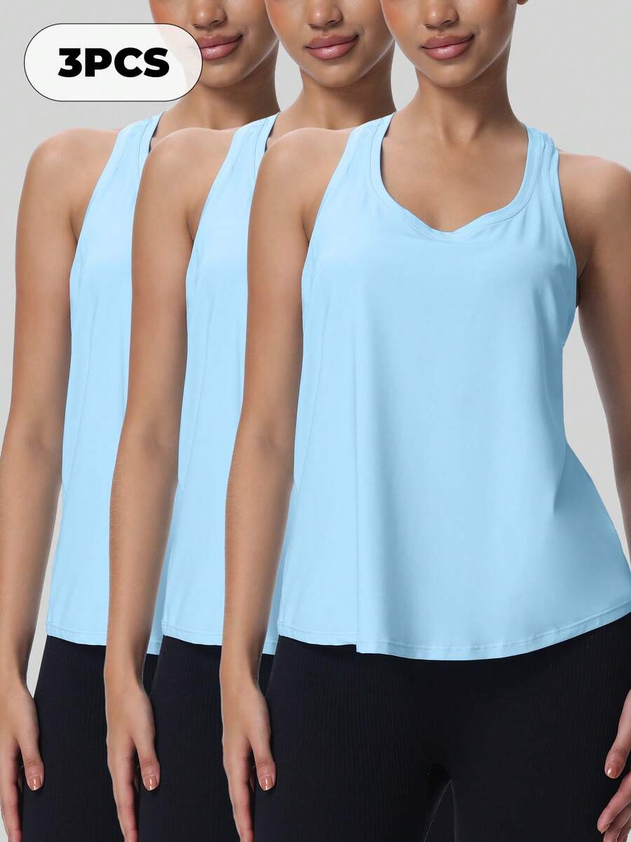 3PCS,Women's Fitness Tank Top, Loose Yoga Shirt, Sport Running Top, Suitable For Sports Travel, Vacation, And Fitness Training. - 淺藍色+淺藍色+淺藍色 - 查看 1
