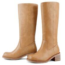 Women's Knee High Boots Chunky Block Heel Long Boots Square Toe Low Heel Boots For Women - 寬版栗色 - 查看 7