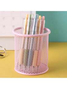 1个创意化妆刷收纳架，桌面化妆品、美甲笔、办公及学生用品收纳盒，多功能方形/圆形金属网状笔筒 - 彩色 - 查看 5