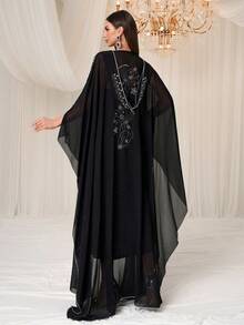 Women Modest Abayas Dress Beaded Chiffon Prom Dress Hooded Star Pattern Women Dresses Arabic Style Long Dress Festival Turkish Style Kaftan Arabian Dress - Black - View 2