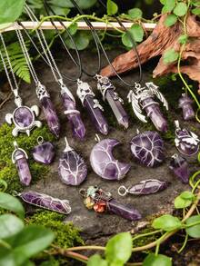 1pc Natural Amethyst Spiritual Tree Of Life Necklace - Hexagon Wrapped Heart Pendant To Enhance Energy; Healing Crystal, Ideal For Men And Women - Purple - View 6