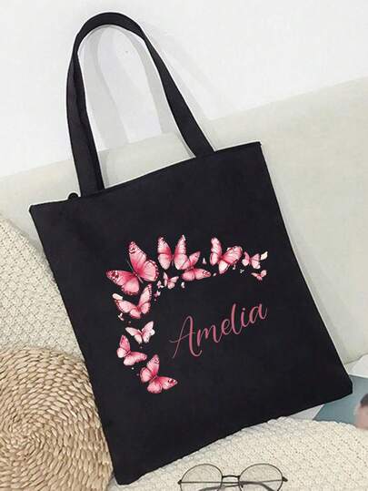 Foldable Black Canvas Tote Bag With Butterfly Print, Customizable Name, Large Capacity, Lightweight, Fashionable, Personalized Handbag, Shoulder Bag, Casual Shopping Bag, Suitable For Back To School, Graduation, Teacher's Day, Holidays, Women Gifts, Christmas Gifts, Daily Use For Commuting, School, Outing, Work, Travel, Shopping