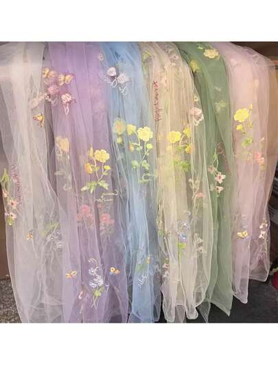 1件复古彩色刺绣小花蕾丝桌旗/桌布，彩色花卉图案透明网纱桌旗，美式乡村风格布艺桌布，婚礼宴会桌布