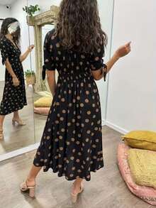 Women's V-Neck Polka Dot Print Waist Cinched Elegant Dress - Black - View 2