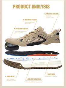 Men's Safety Shoes, Lightweight Work Shoes Plus Size, Low-Top Breathable Steel Toe Shoes, Anti-Slip Anti-Crush Steel Toe Shoes, Outdoor Lace-Up Hiking Shoes, Industrial & Construction Protective Shoes, Spring/Summer Mesh Breathable Work Shoes - 米色 - 查看 5