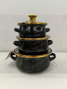 3pcs Multi-Color Enamel Cookware Set - Enamel Enamel Pot With Lid, Enamel Casserole Pot, Enamel Soup Pot, Ramen Pot, Mini Hot Pot, Porridge Pot, Milk Warmer Pot, Kitchen Appliance, Milk Pot, Small Round Pot, Thick Soup Pot, Casserole Pot, Frying Pan, Suitable For Induction Cooktop, Gas Stove, Home Use, Enamel Cookware Set With Thick Dual Ear Soup Pot - Small Pot Three-piece Set - View 1