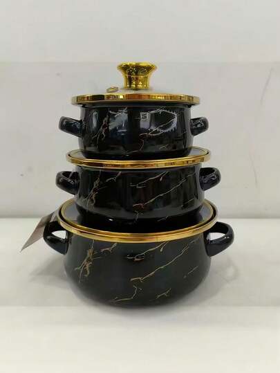 3-delars flerfärgad emaljkokkärlsset - emaljgryta med lock, emaljgryta, emaljsoppgryta, ramengryta, minigryta, grötgryta, mjölkvärmare, köksapparat, mjölkgryta, liten rund gryta, tjock soppgryta, gryta, stekpanna, lämplig för induktionshäll, gasspis, hemmabruk, emaljkokkärlsset med tjock dubbla örongryta