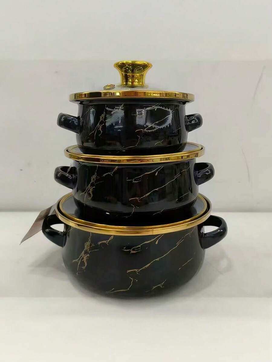 3pcs Multi-Color Enamel Cookware Set - Enamel Enamel Pot With Lid, Enamel Casserole Pot, Enamel Soup Pot, Ramen Pot, Mini Hot Pot, Porridge Pot, Milk Warmer Pot, Kitchen Appliance, Milk Pot, Small Round Pot, Thick Soup Pot, Casserole Pot, Frying Pan, Suitable For Induction Cooktop, Gas Stove, Home Use, Enamel Cookware Set With Thick Dual Ear Soup Pot - Small Pot Three-piece Set - View 1