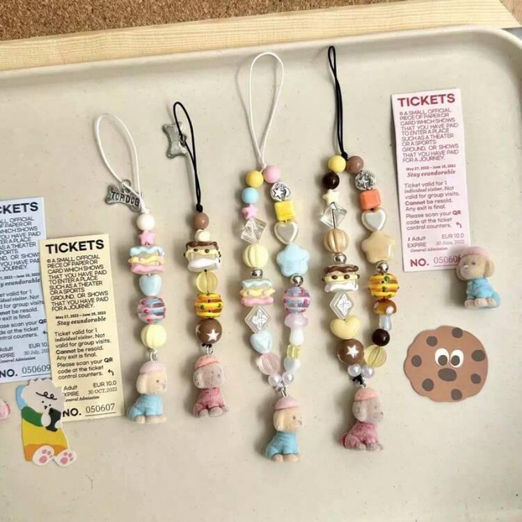 Cute Flocked Puppy CCD Beaded Keychain Camera Strap Bag Accessory, High-Quality Phone Lanyard Suitable For Girls - Pink and Blue Puppy Short Chain - View 3