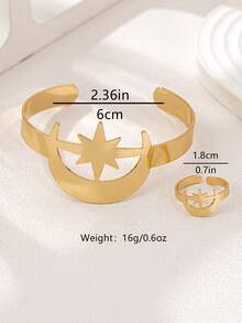 2件套时尚金属星月手链和1枚星月戒指首饰套装，独特两件套，经典朋克嘻哈风格，适合节日和派对佩戴 - 金黃色 - 查看 2