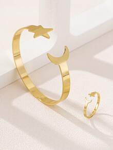 2pcs Minimalist Metal Star & Moon Open Bangle Bracelet And 1pc Creative Minimalist Metal Star & Moon Ring Jewelry Set, Versatile For Daily Wear And Festivals - Yellow Gold - View 5
