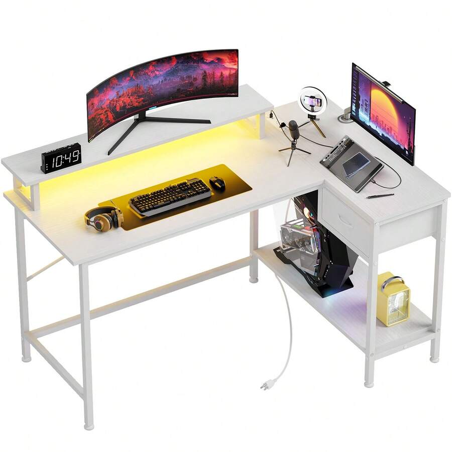 Tomnk Makeup Vanity Desk With Power Outlets And LED Lights, 43 Inch Simple And Stylish Vanity Desk With Charging Port, Small Corner Desk Table With Drawer And Shelf, Birthday Gifts(*NO MIRROR) - View 1