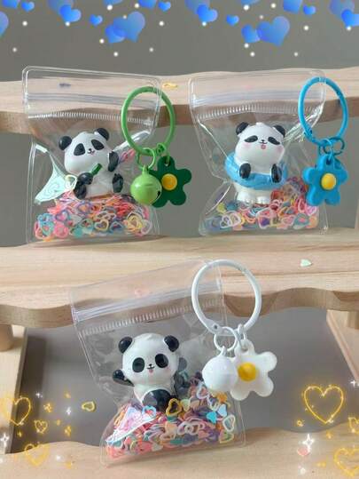 1pc Newest Panda Figurine Decor, Exquisite Floral Bell Keychain & Transparent Protective Bag With Glitter Heart Design, Suitable As School Back-To-School/Graduation Gift, New Year Limited Edition, Youth Desk Decor
