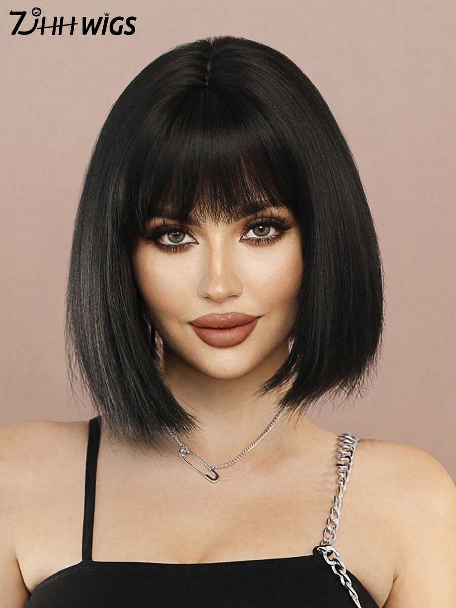 7JHH WIGS Yaki Straight Bob Wig For Women 12 Inch Modest Fashion Black Short Wig With Bangs, Premium Fluffy Synthetic Fiber Full Machine Hair Wig For Daily Wear, Festival Ready & Party ,Cosplay Costume Wigs Accessory - Girl's Gift