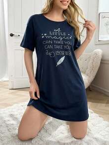 Cotton Line Women Round Neck Short Sleeve Comfy Sleep Dress - Navy Blue - View 1