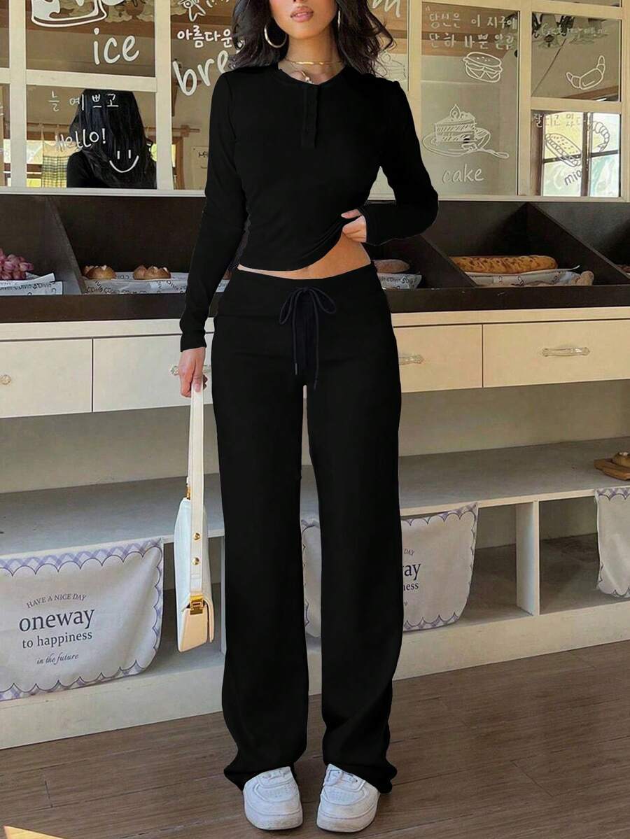 Women's Solid Color Casual Minimalist Commuter Street Style Set, Long Sleeve Top And Pants Black Spring - Black - View 1