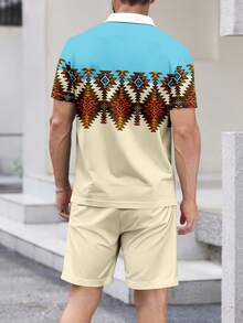 男士几何图案纽扣 Polo 衫短裤套装，适合夏季商务通勤和休闲穿着 - 彩色 - 查看 4