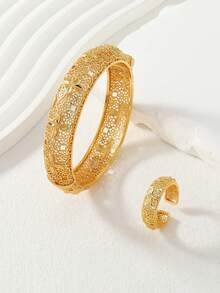 2pcs Middle Eastern Ramadan Hollow Pattern Full Bangle & Ring Jewelry Set, Ideal Ramadan Festival Gift - Yellow Gold - View 7