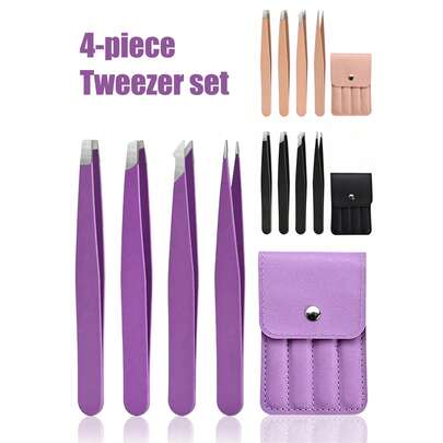 4件套不锈钢彩色镊子套装，便携式修眉和脱毛工具套装（紫色、粉色、黑色），化妆，价格实惠，房间装饰，梳妆台，旅行，卧室，化妆配件，镊子，便宜，圣诞礼物，化妆，化妆工具，经济实惠，礼物，女士礼物，圣诞礼物