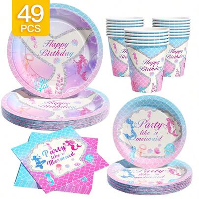 Juego desechable de platos, servilletas y vasos con diseño de sirena para fiesta de cumpleaños, apto para 8 invitados, incluye platos de papel desechables, servilletas y vasos, ideal para cumpleaños, bodas, fiestas temáticas y picnics familiares
