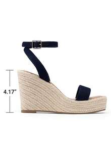 Women's Espadrille Wooden Heeled Wedge 4.17-Inch Platform Sandals Open Toe Adjustable Buckle Ankle Strap Comfortable Fashion Dressy Summer Shoes - Màu xanh hải quân - Xem 4