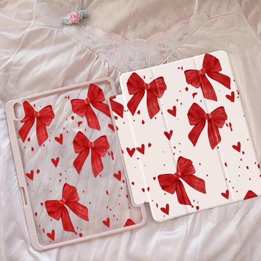 一款可爱的卡通红色蝴蝶结爱心图案双面亚克力透明水晶后盖，防震，适用于iPad 7、8、10代（10.2英寸），内置笔槽，支持睡眠/唤醒功能，是理想的圣诞节和新年礼物。 - 彩色 - 查看 1