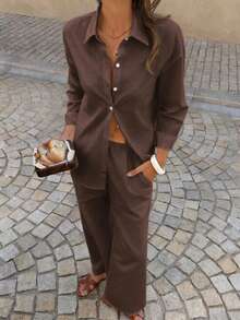 PoPoHouse 女士两件套 - 纯色棉质休闲优雅长袖翻领衬衫上衣搭配宽松阔腿裤，适合日常通勤、休闲旅行、情人节、春夏休闲穿着 - 深棕色 - 查看 7