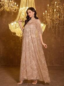 SUPGIR Women's Mandarin Collar Long Sleeve Handmade Rhinestone Satin Evening Dress - Champagne - View 5