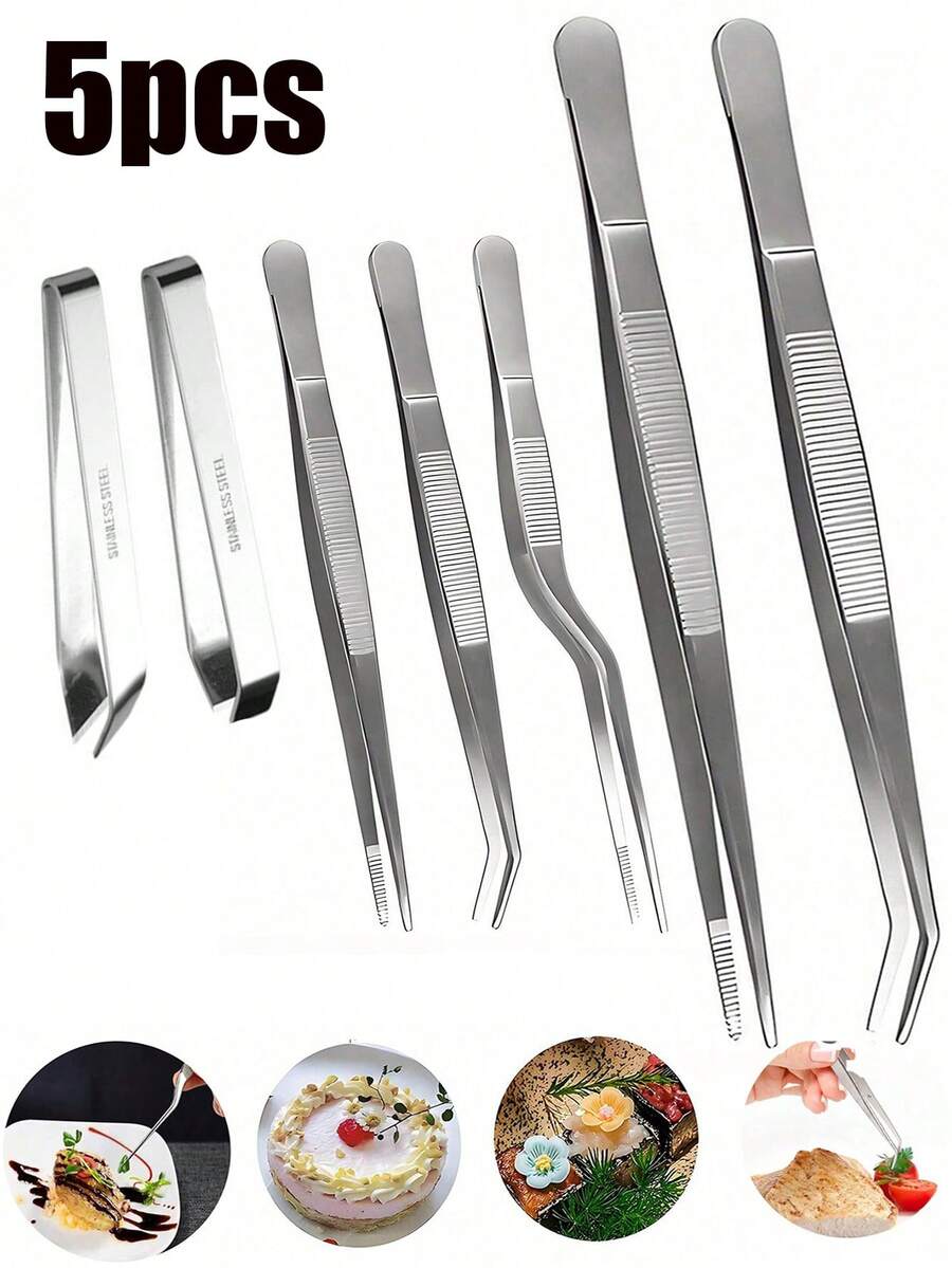 5pcs/3pcs/2pcs/1pc Stainless Steel Curved Cooking Tongs, Precise Kitchen Plating Tongs, Baking Decorating Beauty - Multicolor - View 1