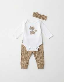 Sempre Bebê Baby Girl Clothing Set Long Sleeve Bodysuit With Pants And Headband Blogger Diva Leopard Kitten Bow Outfit Winter Cold Weather Kitten Set With Chic Bow - 白色 - 查看 8