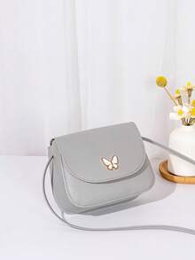 Mini Butterfly Print Decor Metal Crossbody Shell Bag - Grey - View 4