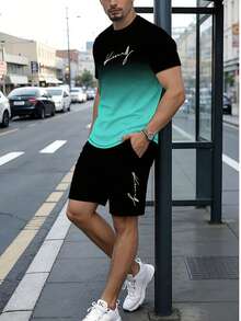 男士休闲渐变字母印花圆领短袖上衣和抽绳短裤套装，舒适服装，100% 涤纶 - 灰色 - 查看 1