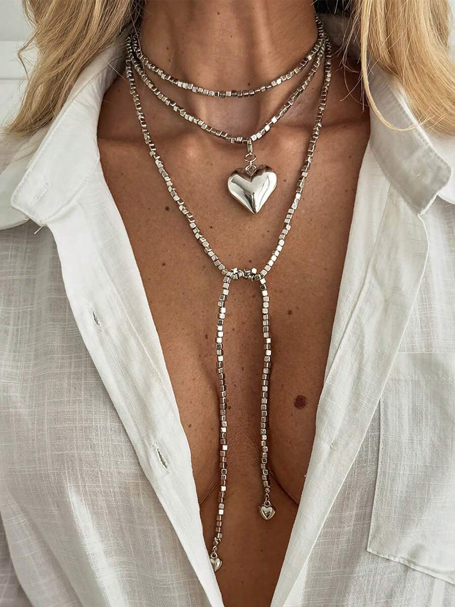 1 chiếc dây chuyền dài mặt hình trái tim tối giản, dây chuyền choker hạt CCB vuông ngọt ngào, phụ kiện phù hợp cho nữ giới đi làm hàng ngày, hẹn hò, mua sắm, dự tiệc, món quà Valentine tuyệt vời nhất (Chất liệu nhựa CCB không phải kim loại, vui lòng cân nhắc kỹ trước khi mua). - Bạc - Xem 1