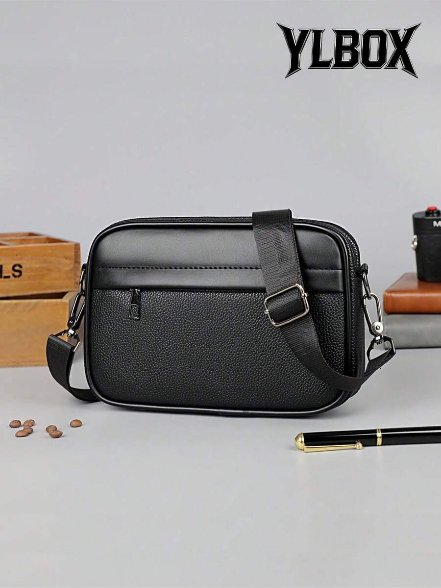 Men's Sling Bag, Fashionable Small Square Shoulder Bag, PU Leather High-End Casual Lightweight Sling Bag, Adjustable Square Strap, Essential Travel Organizer Bag For Summer Valentine'S Day Phone Bag - Black - View 1