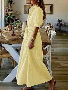 女士轻薄衬衫裙，开领纯色宽松衬衫裙，系带泡泡袖，短袖，无弹力，休闲通勤法式简约风格，优雅大方，适合女性度假、毕业季、情人节、独立日、返校季等场合，是馈赠佳品。夏季 - Butter Yellow - 查看 5