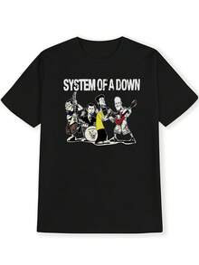 SYSTEM OF A Four Cartoon Character Print T-Shirt, Summer Round Neck Short Sleeve Casual Top, Men's Clothing - 黑色16 - 查看 1