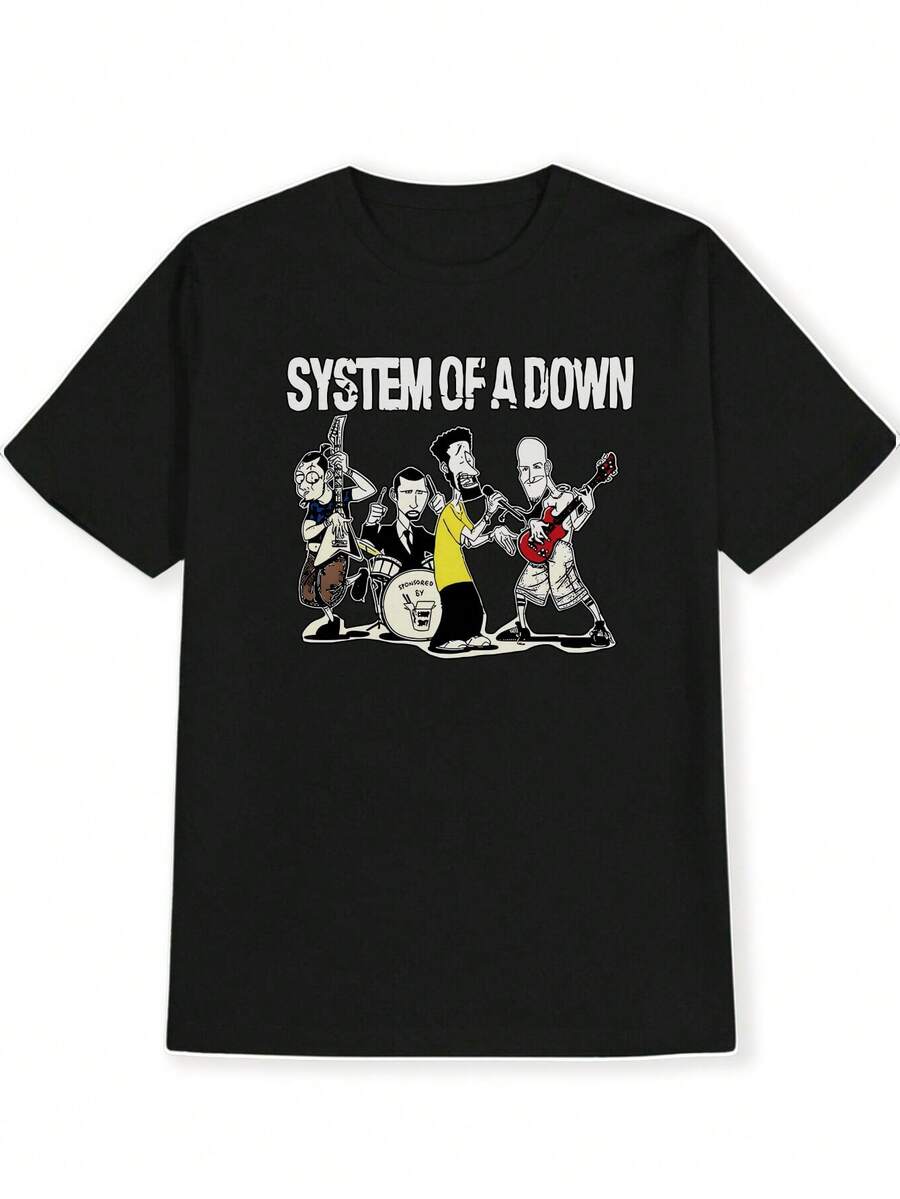 SYSTEM OF A Four Cartoon Character Print T-Shirt, Summer Round Neck Short Sleeve Casual Top, Men's Clothing - 黑色16 - 查看 1