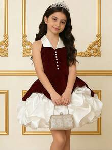 Dziewczęca sukienka vintage w kolorze bordowym z aksamitu z marszczeniami i muszką, suknia księżniczki na bal maturalny, przyjęcie urodzinowe, wesele, Wielkanoc - Wielokolorowe - Zobacz 8