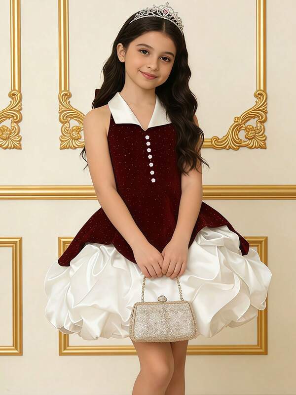 Girls' Vintage Elegant Burgundy Velvet Collar Ruched Bow Tie Dress, Suitable For Prom, Birthday Party, Banquet, Christmas, Wedding, Autumn/Winter