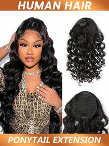 真人发夹式波浪卷马尾接发长款抽绳卷发夹式马尾假发，巴西发，女士适用 - Natural Black - 查看 2