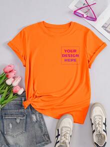 Camiseta personalizada para mujer - Agrega tu propia foto (paisaje/insignia/foto de pareja/foto familiar/selfie/mascota, etc.), diseña tu propia camiseta impresa personalizada como regalo para tu novia, camiseta de pareja, adecuada para aniversario, Día de San Valentín, Día de la Madre, cumpleaños, vacaciones. Camiseta de hombros rectos personalizada, blusa deportiva para mujer, camiseta gráfica personalizada, camiseta de manga corta para mujer - Naranja - Ver 2